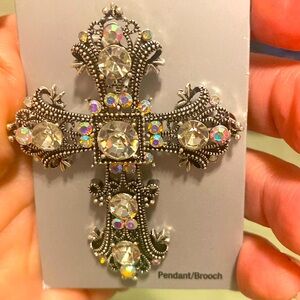 Gorgeous cross brooch with silver and iridescent stones brand new